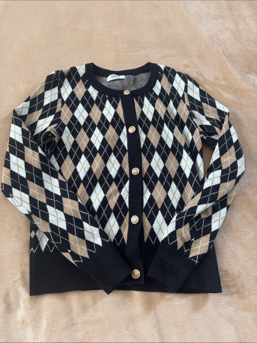 Suzy Shier Black, Tan & White Argyle Button Cardigan